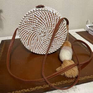 Round Rattan Woven Crossbody with Pom Pom Tassel